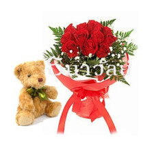 12 red roses with teddy bear